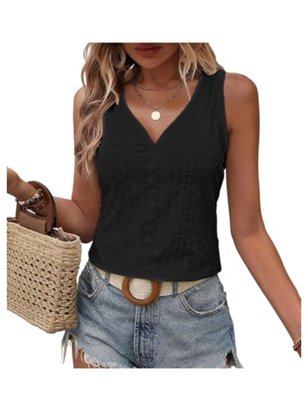 Womens Summer Tank Top Sleeveless V-Neck Eyelet Embroidery Curved Hem